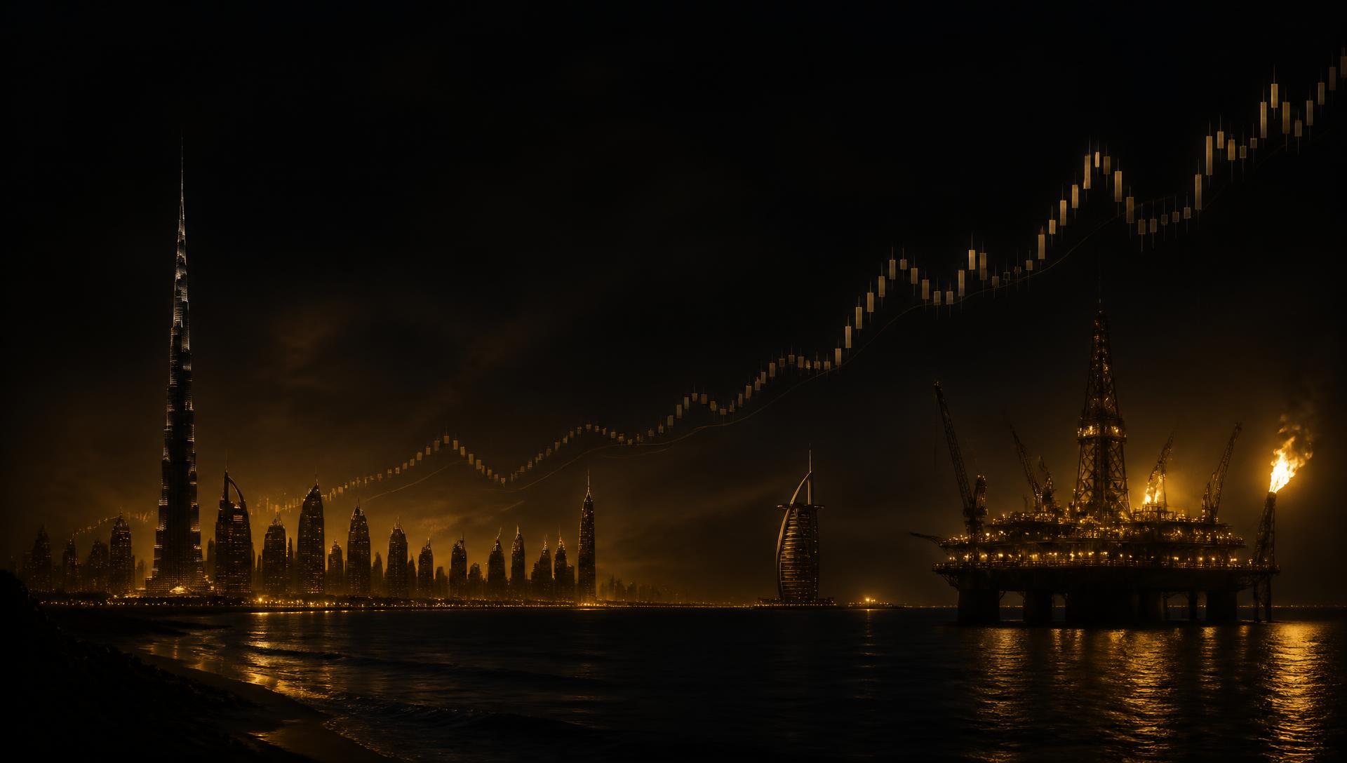 Skyline de Dubai com plataforma de petróleo e gráfico de velas