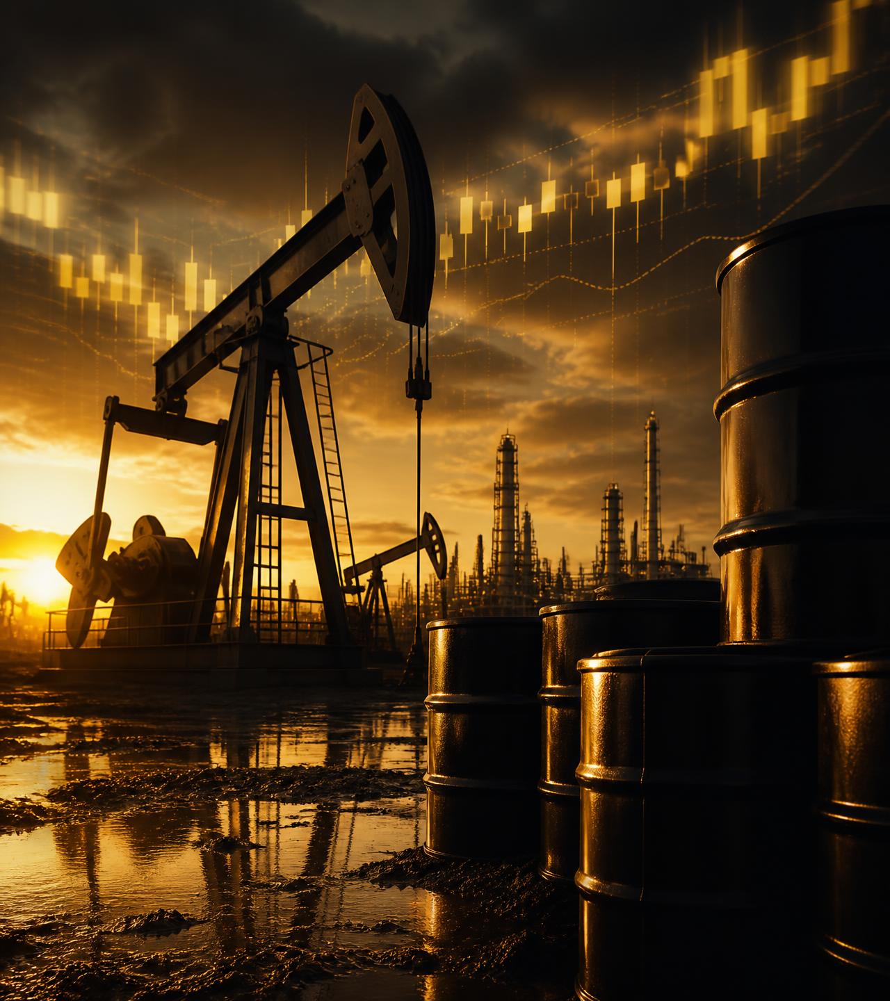 Bombas de petróleo, barris e refinaria ao entardecer com gráfico de velas